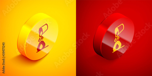 Isometric Water bucket extinguishing a fire icon isolated on orange and red background. Circle button. Vector.