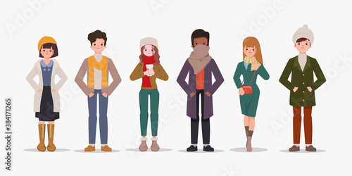 Set of people in winter clothes. Fashion of Winter, spring and autumn clothing collection.