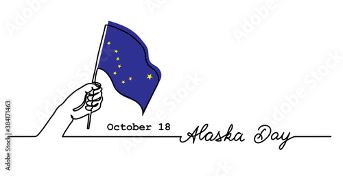 Alaska Day simple web banner with flag and hand. Minimalist vector border, background. One continuous line drawing with lettering Alaska Day.