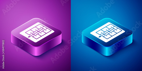 Isometric Evacuation plan icon isolated on blue and purple background. Fire escape plan. Square button. Vector.