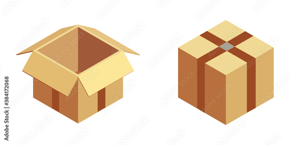 Carton delivery packaging open and closed box with fragile signs. Cardboard box mockup set. Vector illustration Carton delivery packaging open and closed box with fragile signs. Cardboard box mockup set. Vector illustration
