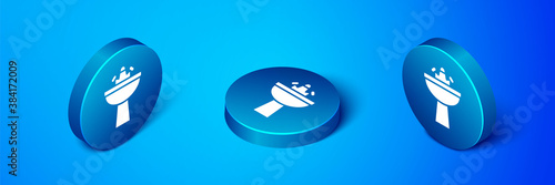Isometric Washbasin with water tap icon isolated on blue background. Blue circle button. Vector.