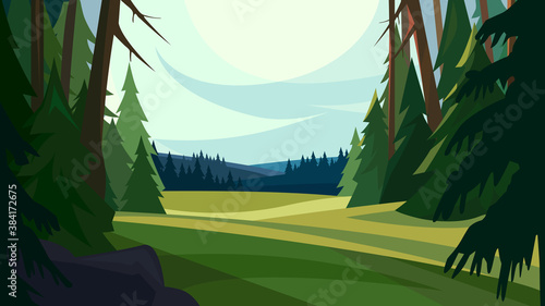 Beautiful coniferous forest. Nature landscape in cartoon style.