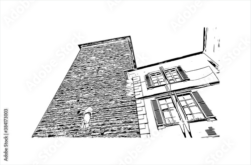 Building view with landmark of Bergamo is a city in the alpine Lombardy region of northern Italy. Hand drawn sketch illustration in vector.