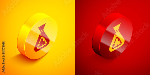 Isometric Garbage bag with recycle symbol icon isolated on orange and red background. Trash can icon. Recycle basket sign. Circle button. Vector.