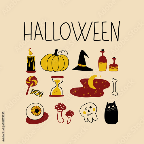 Halloween icon set. Magic doodle and text. Hand-drawn vector illustration with pumpkin, magic objects, sweets, black cat.