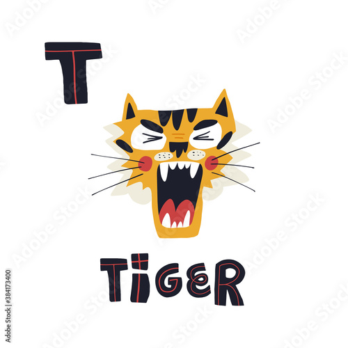 T letter and cute funny little roaring tiger muzzle with open mouth. Vector hand-drawn design with lettering.