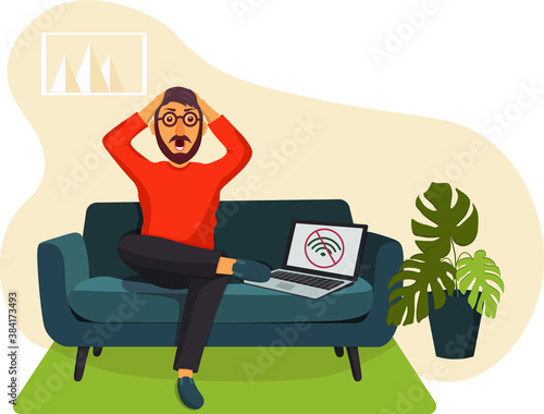 man on the couch in a panic, no Internet and Wi-Fi, no connection, what to do, problem, life stopped
