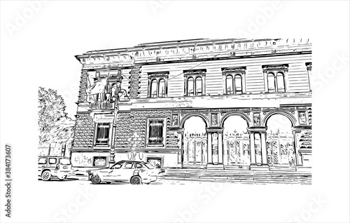 Building view with landmark of Bergamo is a city in the alpine Lombardy region of northern Italy. Hand drawn sketch illustration in vector.