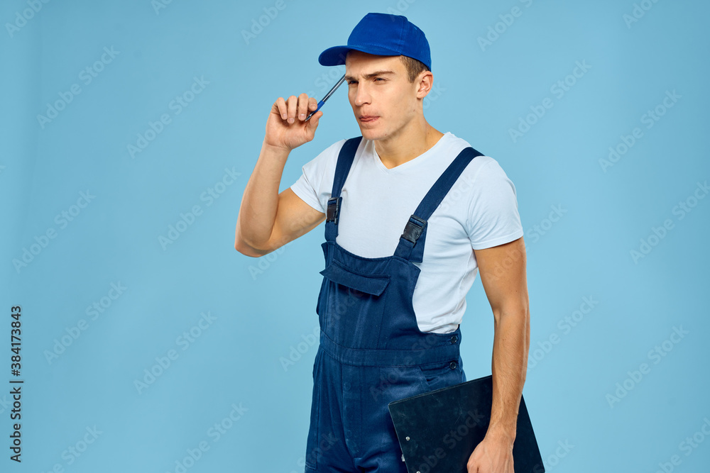 Delivery service man worker rendering service blue background Delivery service man worker rendering service blue background
