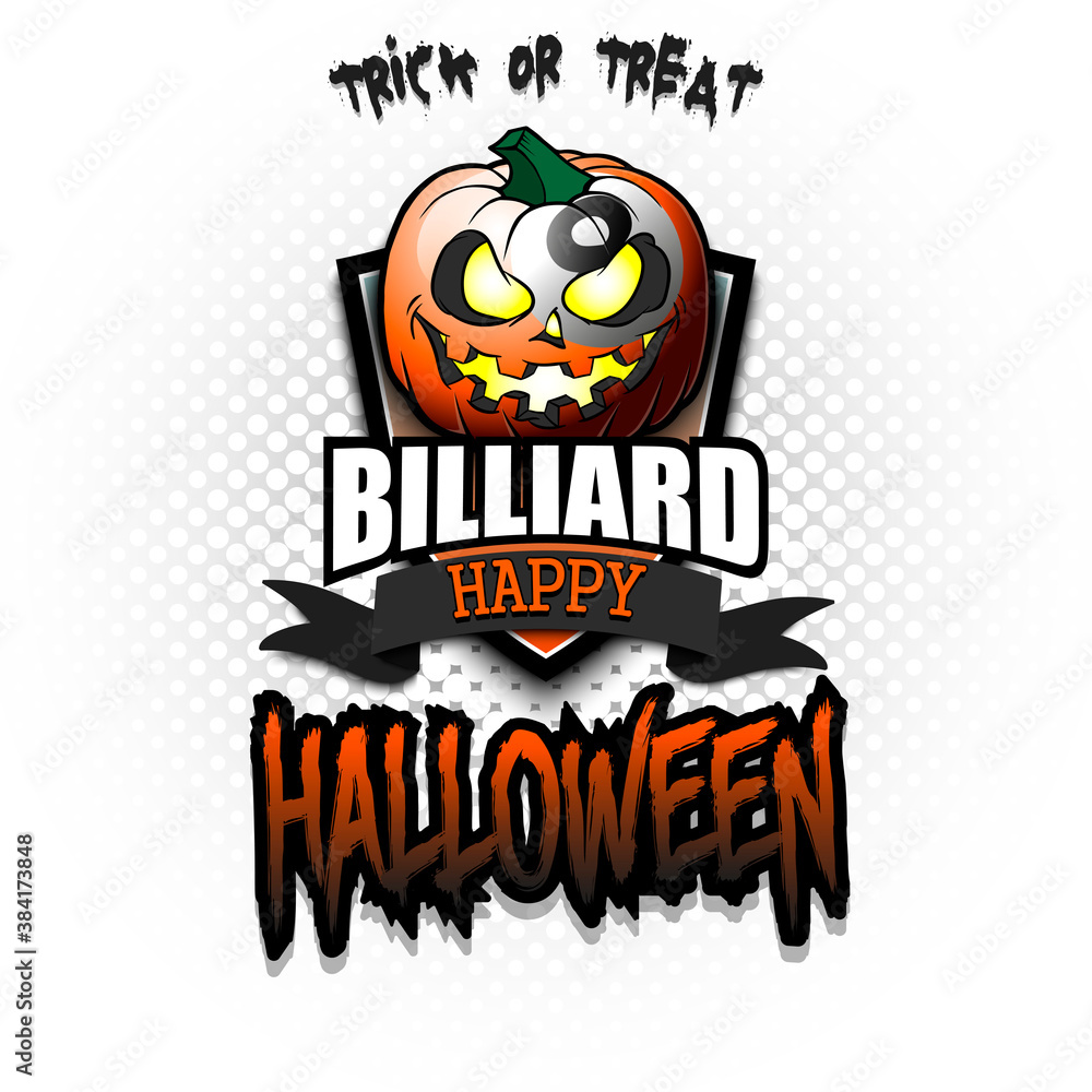 Happy Halloween. Template billiard design. Logo billiard ball in the form of a pumpkin on an isolated background. Pattern for banner, poster, greeting card, party invitation. Vector illustration