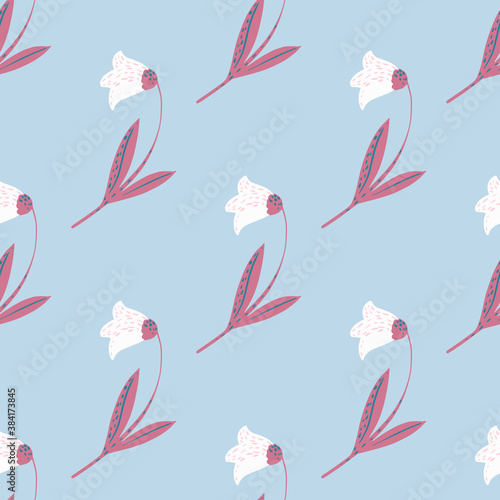 White and purple colored botanial bluebell ornament seamless pattern. Blue background with flowers. Simple backdrop.