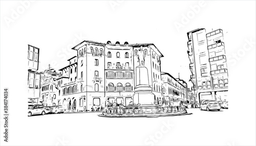 Building view with landmark of Bergamo is a city in the alpine Lombardy region of northern Italy. Hand drawn sketch illustration in vector.