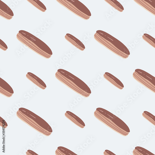 Doodle seamless pattern with chocolate eclair silhouettes. Light pastel background. Delicious pastry backdrop.