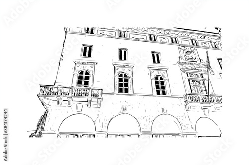 Building view with landmark of Bergamo is a city in the alpine Lombardy region of northern Italy. Hand drawn sketch illustration in vector.