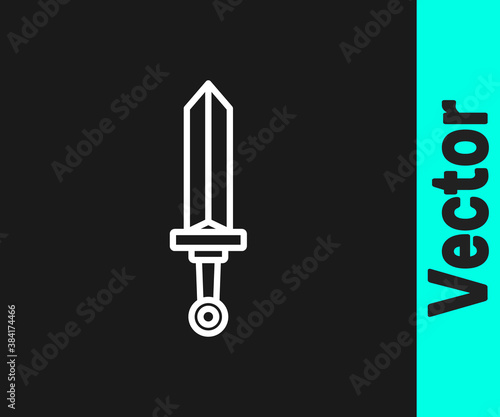 White line Medieval sword icon isolated on black background. Medieval weapon. Vector.