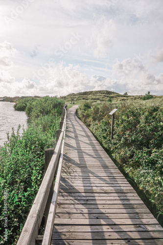 Panorama Holzsteg in der Landschaft der Insel Amrum in Norddeutschland