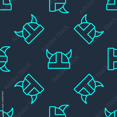Green line Viking in horned helmet icon isolated seamless pattern on blue background. Vector.
