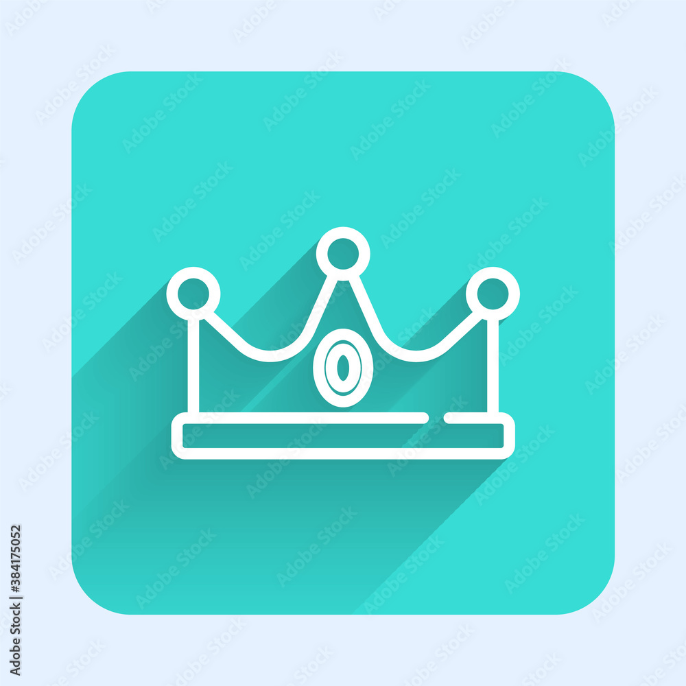 White line King crown icon isolated with long shadow. Green square button. Vector. White line King crown icon isolated with long shadow. Green square button. Vector.