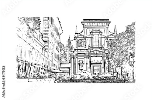 Building view with landmark of Bergamo is a city in the alpine Lombardy region of northern Italy. Hand drawn sketch illustration in vector.