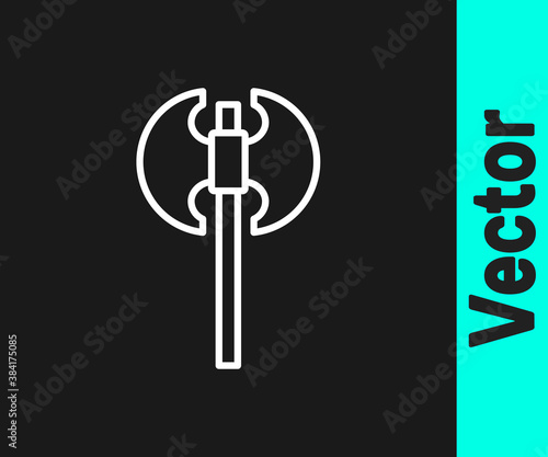 White line Medieval axe icon isolated on black background. Battle axe, executioner axe. Medieval weapon. Vector.