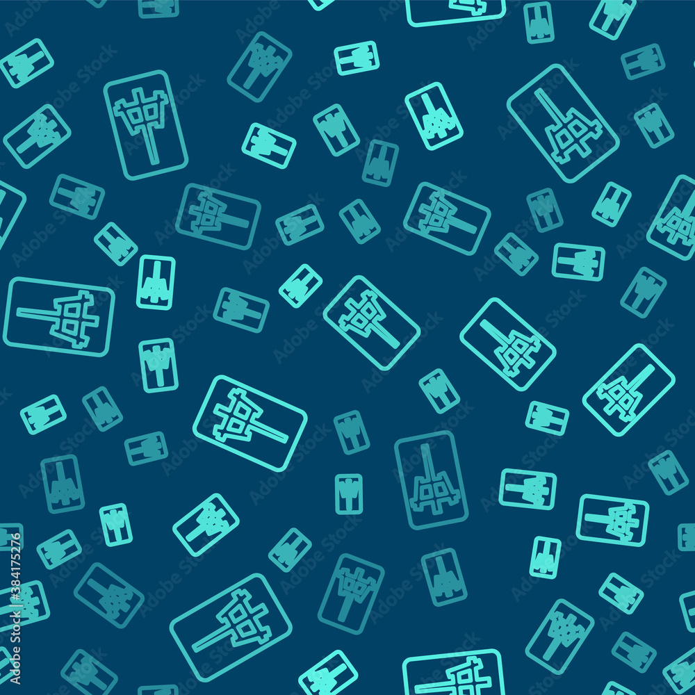 Green line Mahjong pieces icon isolated seamless pattern on blue background. Chinese mahjong red dragon game emoji. Vector. Green line Mahjong pieces icon isolated seamless pattern on blue background. Chinese mahjong red dragon game emoji. Vector.