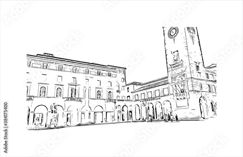 Building view with landmark of Bergamo is a city in the alpine Lombardy region of northern Italy. Hand drawn sketch illustration in vector.