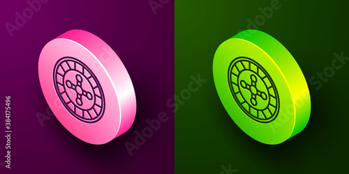 Isometric line Casino roulette wheel icon isolated on purple and green background. Circle button. Vector.