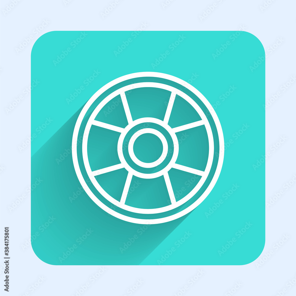 White line Casino chip icon isolated with long shadow. Casino gambling. Green square button. Vector. White line Casino chip icon isolated with long shadow. Casino gambling. Green square button. Vector.
