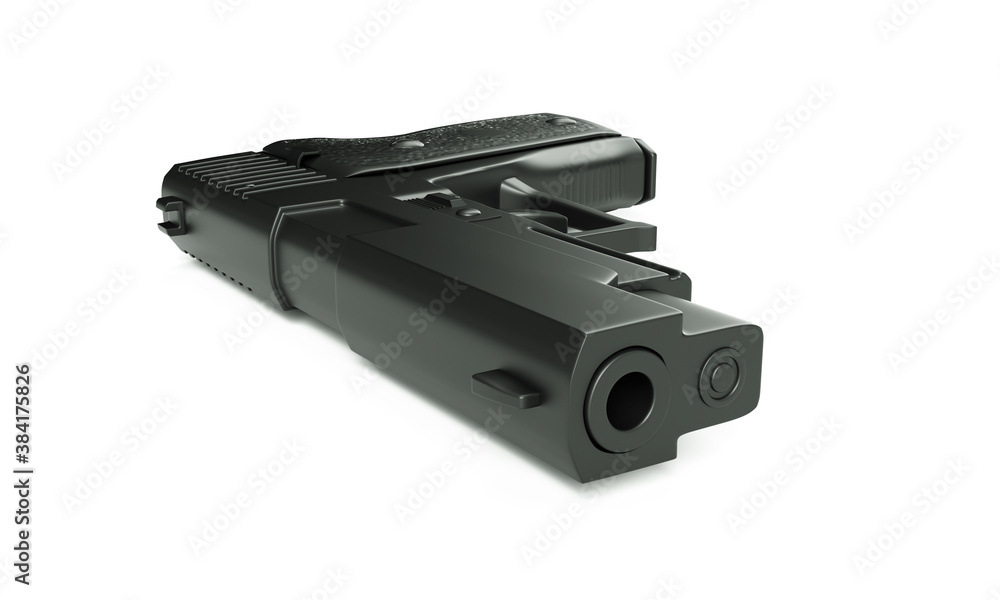 Gun metallic police, military, black on white background isolated, front view. 3D render Gun metallic police, military, black on white background isolated, front view. 3D render