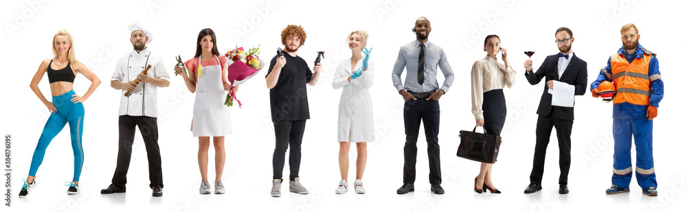 Group of people with different professions on white studio background, horizontal. Modern workers of diverse occupations, male and female models like waiter, builder, barman, trainer, cosmetologist Group of people with different professions on white studio background, horizontal. Modern workers of diverse occupations, male and female models like waiter, builder, barman, trainer, cosmetologist
