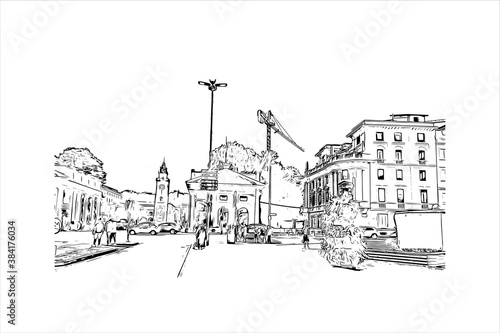 Building view with landmark of Bergamo is a city in the alpine Lombardy region of northern Italy. Hand drawn sketch illustration in vector.