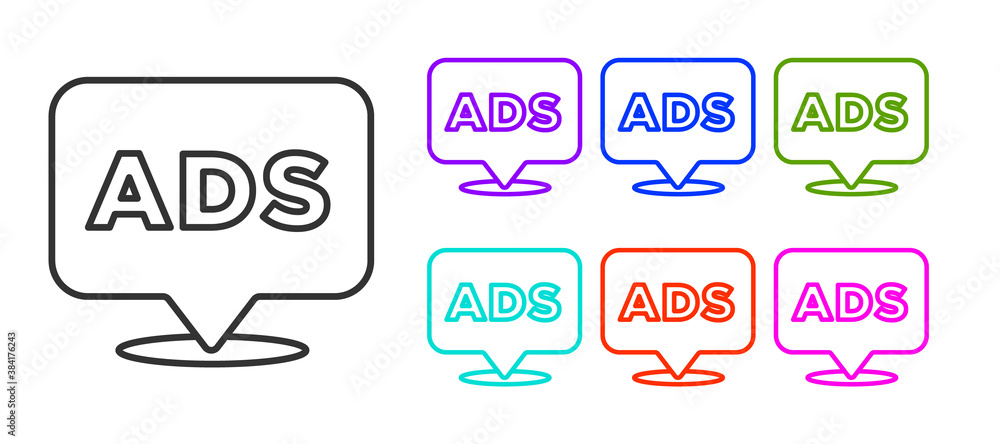 Black line Advertising icon isolated on white background. Concept of marketing and promotion process. Responsive ads. Social media advertising. Set icons colorful. Vector. Black line Advertising icon isolated on white background. Concept of marketing and promotion process. Responsive ads. Social media advertising. Set icons colorful. Vector.