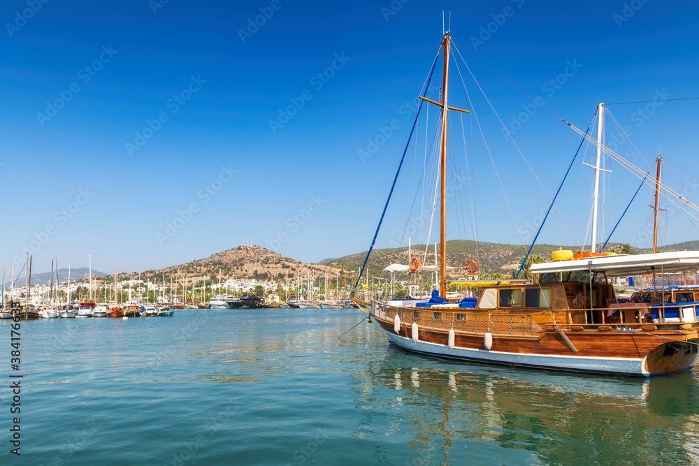 Beautiful ships on harbor in marina coast, Bodrum, Turkey 