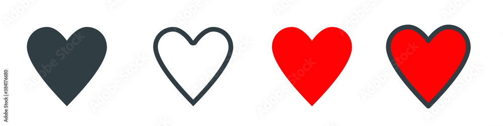 Set of Vector flat design heart icons in black and red color. Symbol of love, health and passion. Set of Vector flat design heart icons in black and red color. Symbol of love, health and passion.