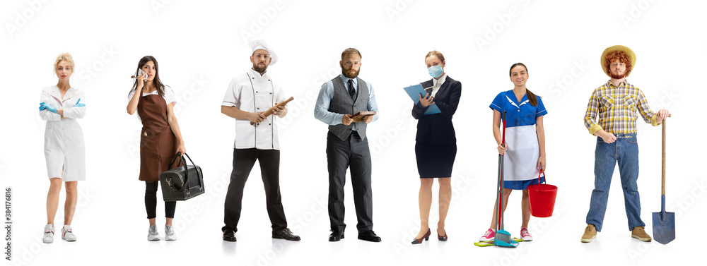 Group of people with different professions isolated on white studio background, horizontal. Modern workers of diverse occupations, male and female models like cosmetologist, cleaner, farmer