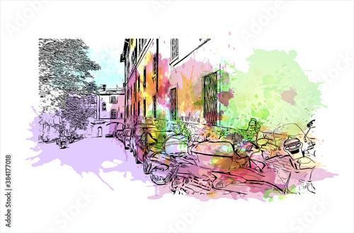Building view with landmark of Bergamo is a city in the alpine Lombardy region of northern Italy. Watercolor splash with hand drawn sketch illustration in vector.