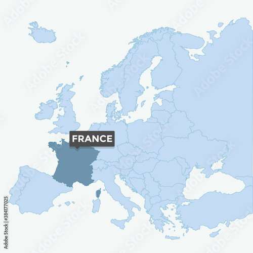 Europe map with the identication of France. Map of France. Location, information design. Vector stock