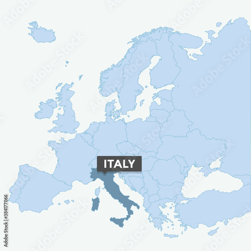 Europe map with the identication of Italy. Map of Italy. Location, information design. Vector stock