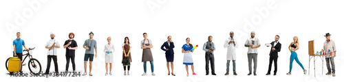 Group of people with different professions isolated on white studio background, horizontal. Modern workers of diverse occupations, male and female models like florist, barber, accountant, cleaner