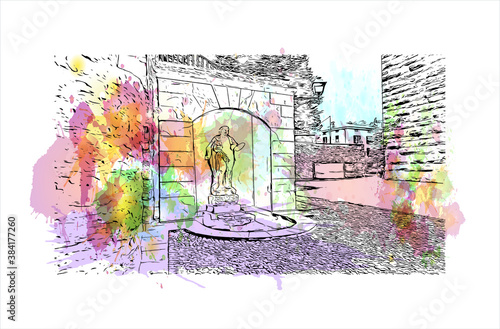 Building view with landmark of Bergamo is a city in the alpine Lombardy region of northern Italy. Watercolor splash with hand drawn sketch illustration in vector.