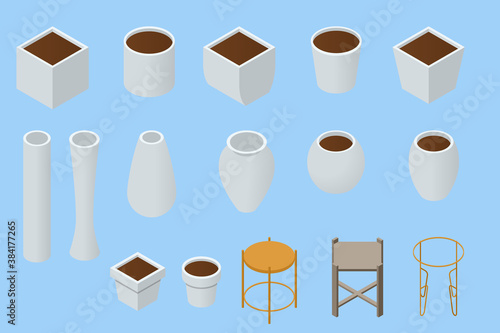 Isometric original flower pots and vases white color isolated on a background. Empty flower pots and vases