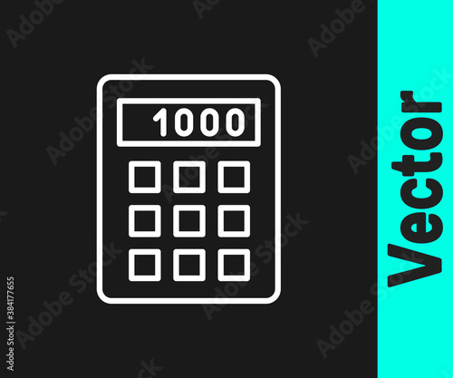 White line Calculator icon isolated on black background. Accounting symbol. Business calculations mathematics education and finance. Vector.