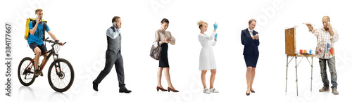 Group of people with different professions isolated on white studio background, horizontal. Modern workers of diverse occupations, male and female models like deliveryman, cosmetologist, accountant