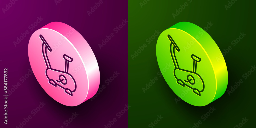 Isometric line Stationary bicycle icon isolated on purple and green background. Exercise bike. Circle button. Vector. Isometric line Stationary bicycle icon isolated on purple and green background. Exercise bike. Circle button. Vector.