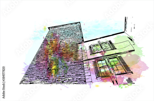 Building view with landmark of Bergamo is a city in the alpine Lombardy region of northern Italy. Watercolor splash with hand drawn sketch illustration in vector.