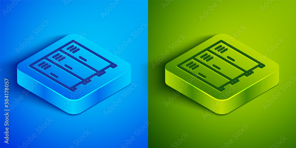 Isometric line Locker or changing room for hockey, football, basketball team or workers icon isolated on blue and green background. Square button. Vector. Isometric line Locker or changing room for hockey, football, basketball team or workers icon isolated on blue and green background. Square button. Vector.