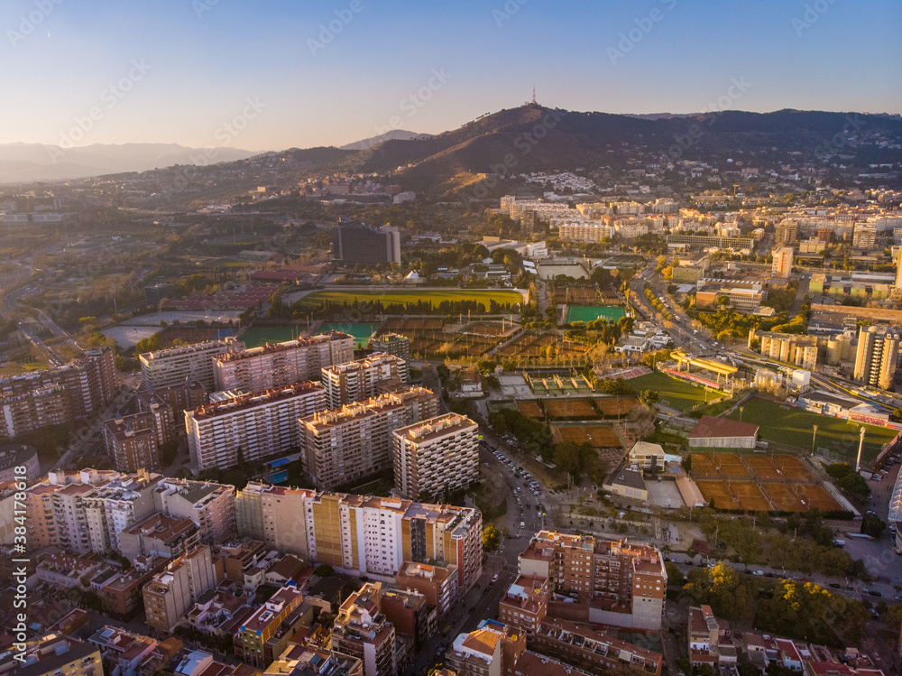 Barcelona street aerial view with beautiful patterns in Spain. 2020