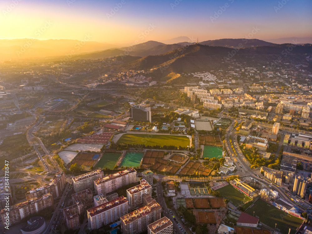 BARCELONA, SPAIN - 2019: Aerial view at Camp Nou, famous football stadium in Barcelona of Catalonia