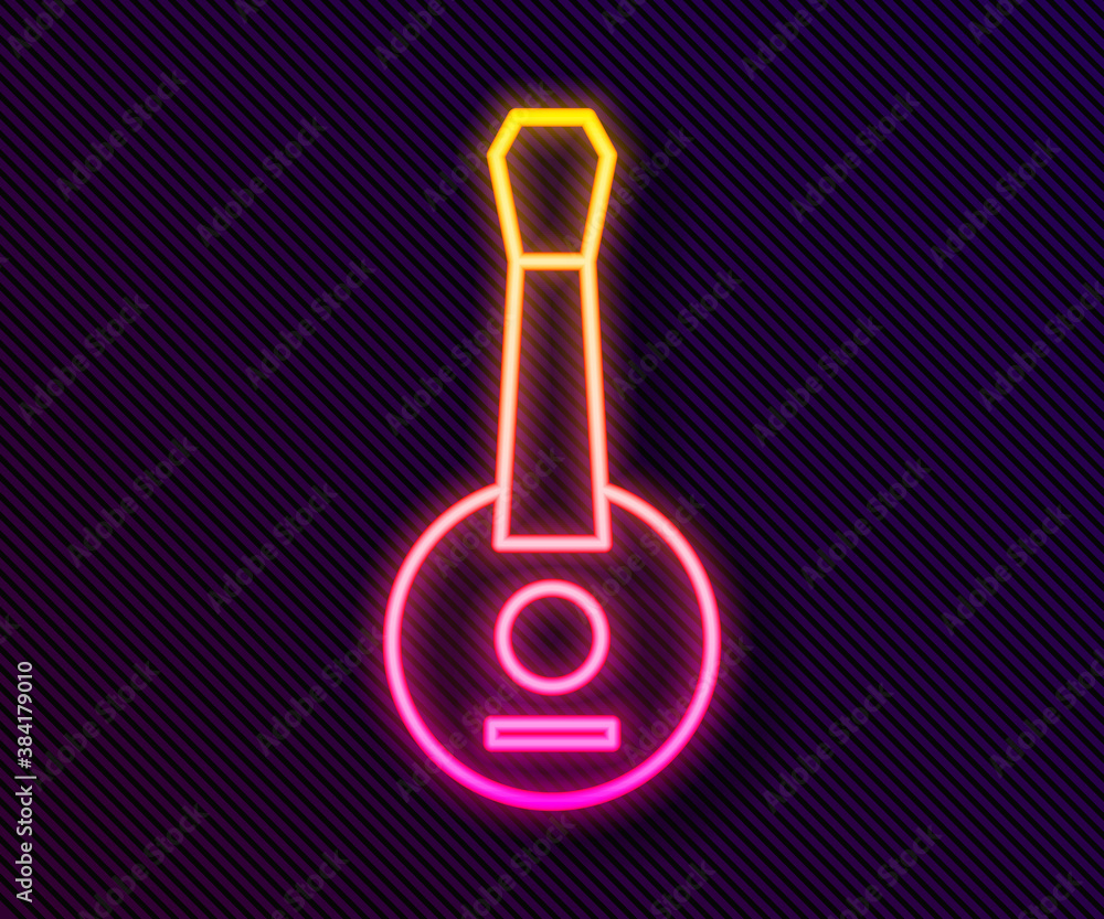Glowing neon line Banjo icon isolated on black background. Musical instrument. Vector. Glowing neon line Banjo icon isolated on black background. Musical instrument. Vector.